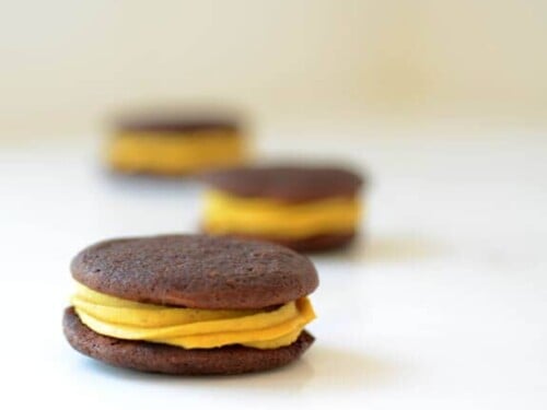 chocolate whoopie with pumpkin cream filling