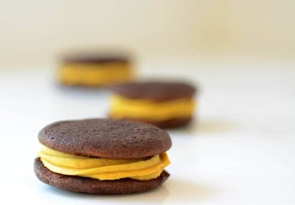 chocolate whoopie with pumpkin cream filling